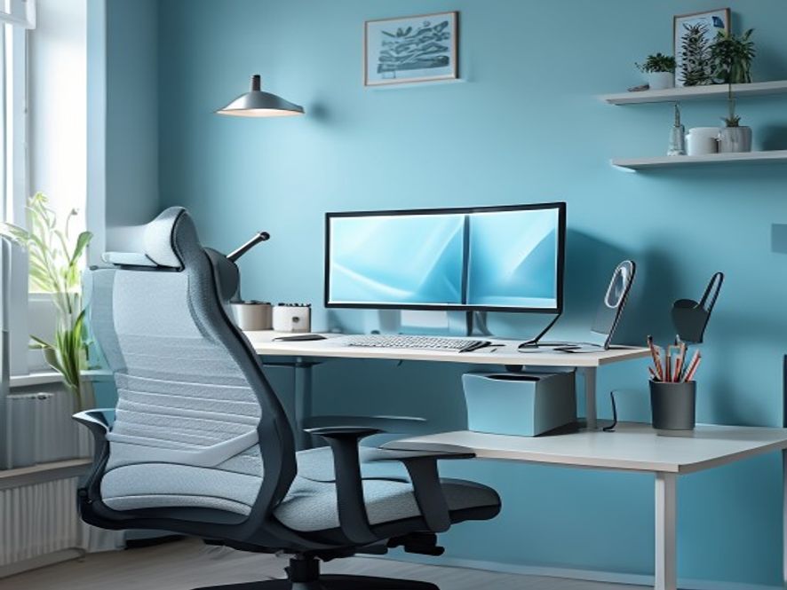 Ergonominen pöytäsarja monitorilla, säädettävällä tuolilla ja valaistuksella