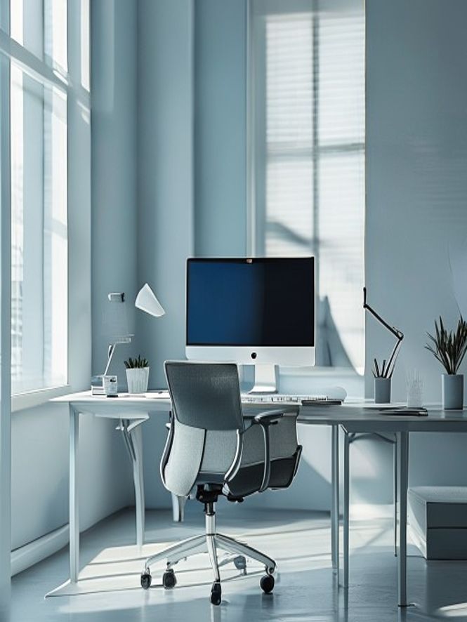 Moderni toimisto pöytä monitorilla ja ergonomisin ratkaisivin