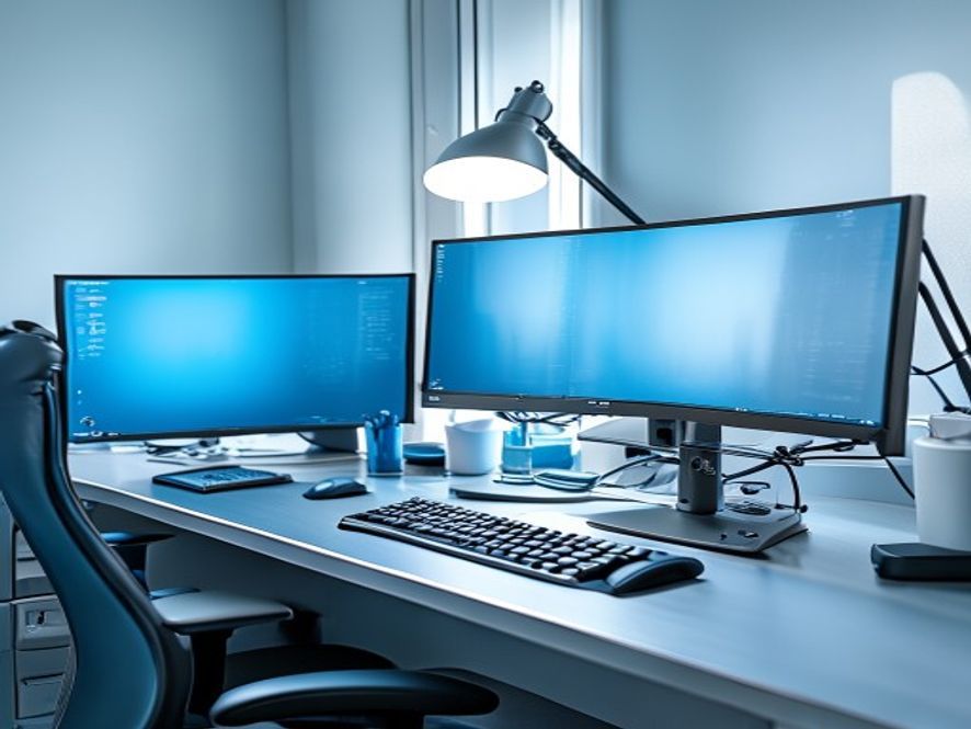 Hyvin järjestetty toimistotyöpiste, joissa on säädettävä pöytä ja ergonominen tuoli